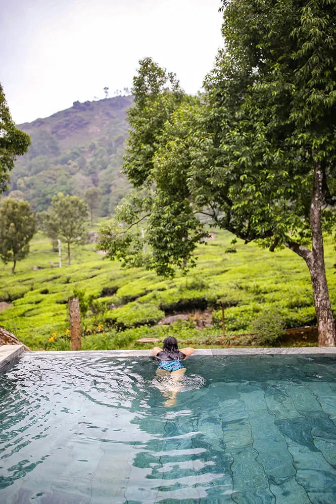 Enjoying the views of the tea plantation from the infinity pool at Windermere Estate in Munnar, Kerala - #munnar #kerala #india