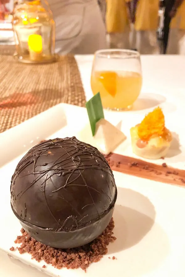Caramelised banana inside a chocolate sphere at the Cassava Restaurant at the Kochi Marriott Hotel