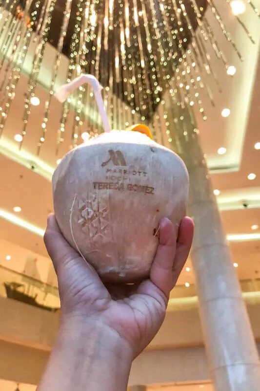 Welcomed by a personalised coconut with my name on it by Kochi Marriott Hotel