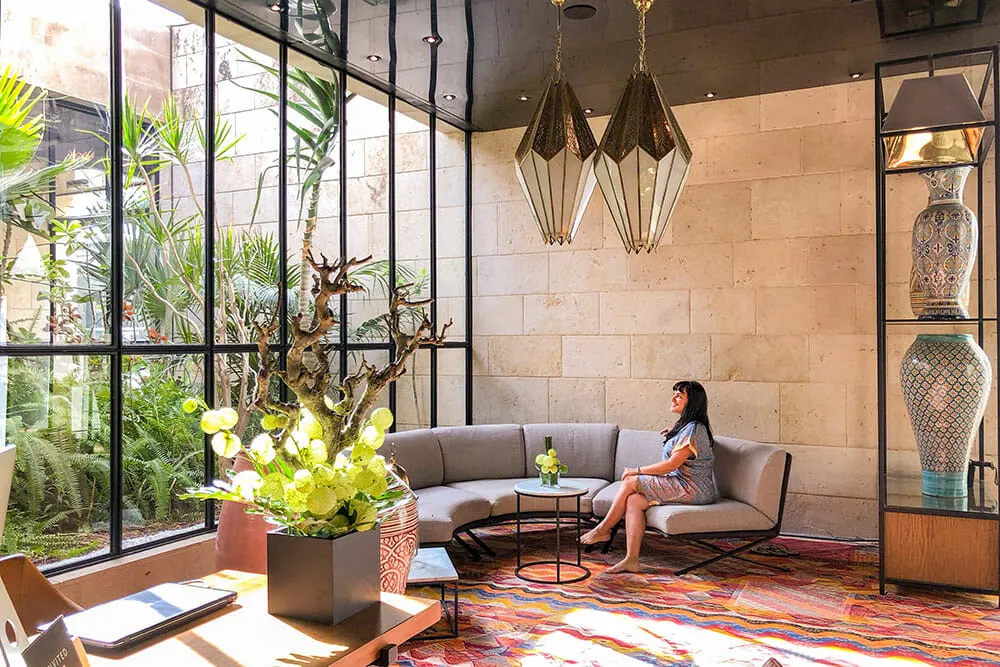 Sitting on a sofa looking out of the window onto the garden