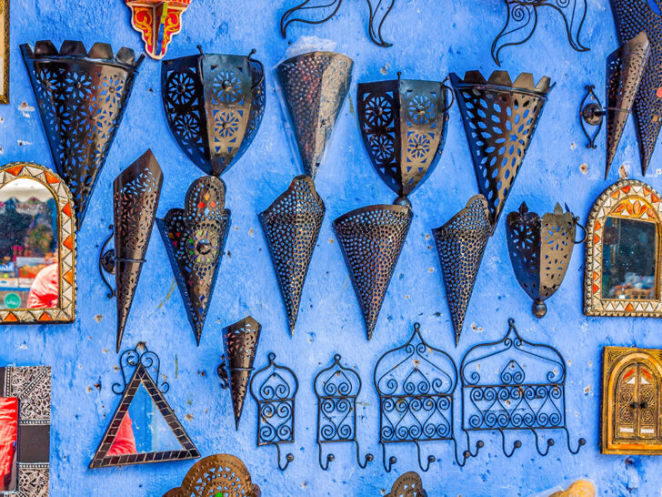 Shopping in Morocco for souvenirs - lanterns on a blue wall