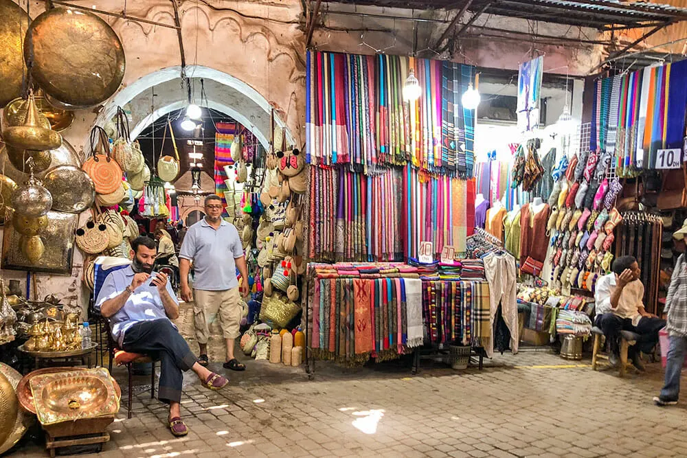 Metal and scarves shops in the Marrakech souk