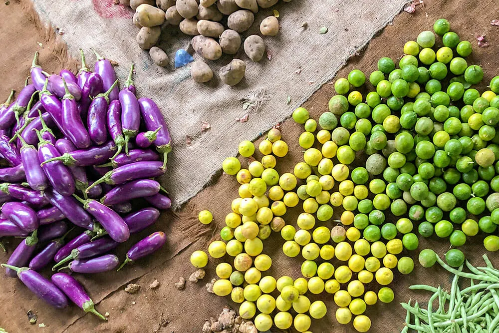 Limes, potatoes, aubergines and green beans laid on the floor on a sack cloth