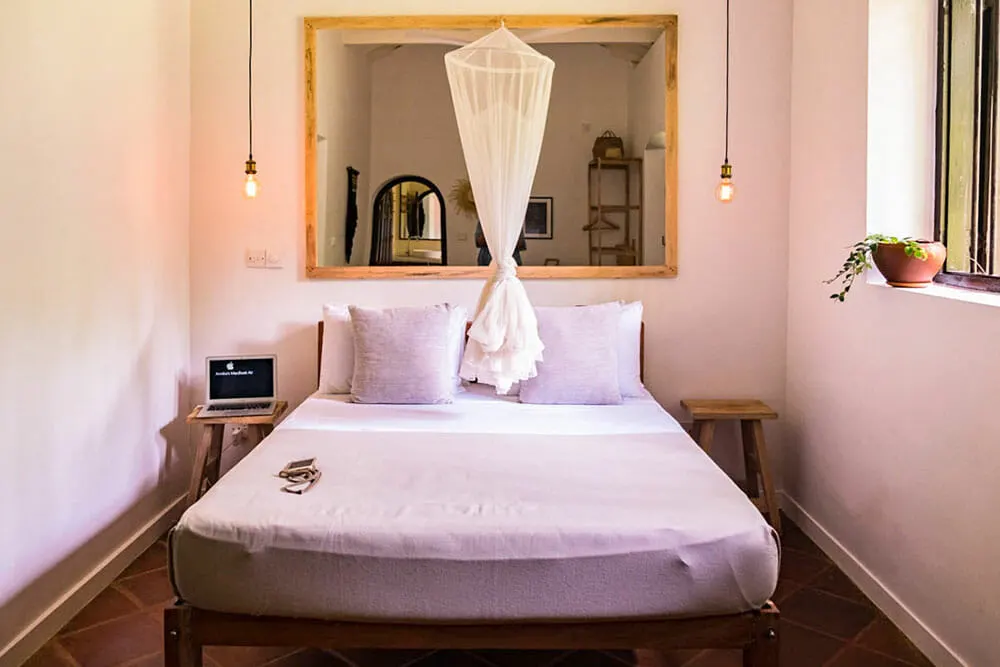 Room with a double bed and a large mirror above it and a mosquito net canopy above it