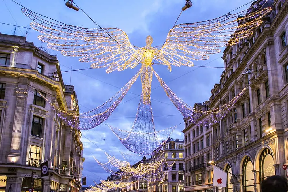 Christmas lights of a winged angel over Regent Street
