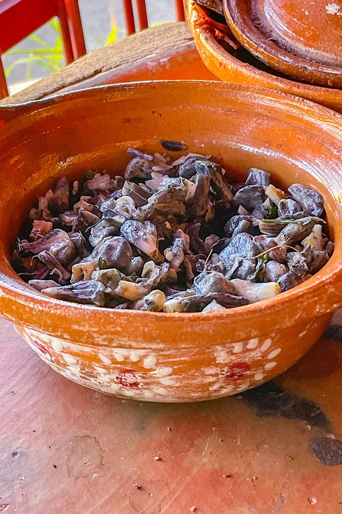 Black corn smut served in a brown cup with white flower print on a wooden table