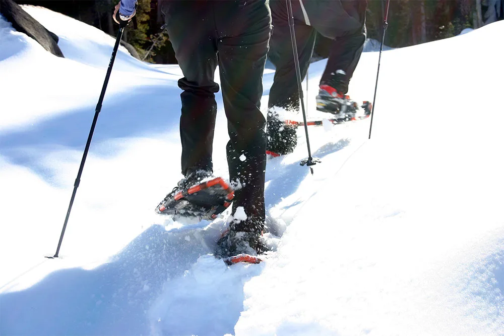 Two people walking on snow covered path while wearing black thermal pants with the assist of trekking poles and snow shoes.