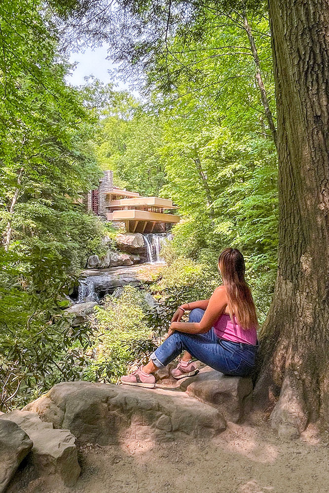 Me sitting beside a trunk on a stone surrounded by lush vegetation while looking a river flowing from a yellow building.