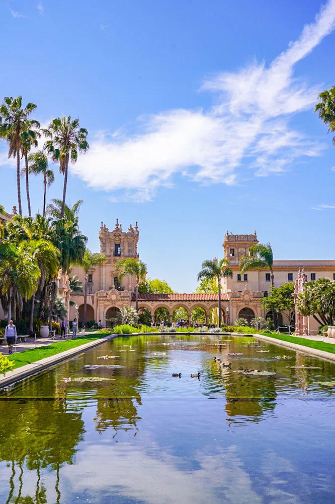 A rectangular garden pond from the foreground surrounded by palm trees leading to the building under bright blue skies with white clouds in Balboa Park, one of the hidden gems in Southern California