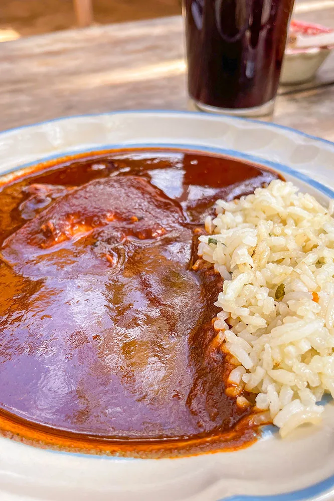 A rich and thick Mole, a traditional Mexican food, served with a small portion of rice on a white plate and a drink