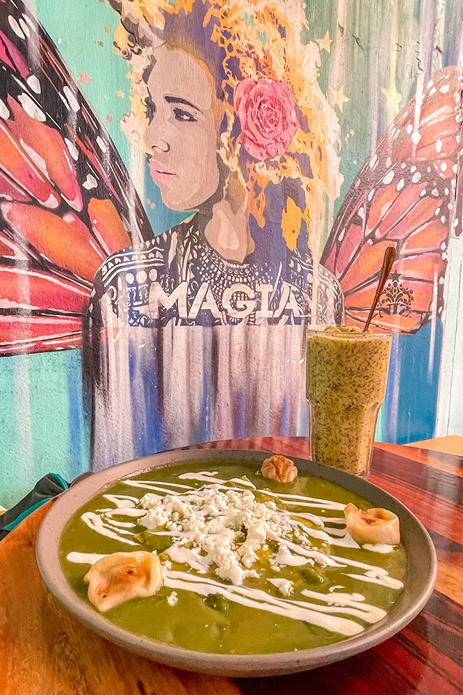 A Mole Verde topped with a white sauce and slices of meat while served with a green drink. A wall behind it has a mural of a woman with a rose hair clips and wings of a butterfly.