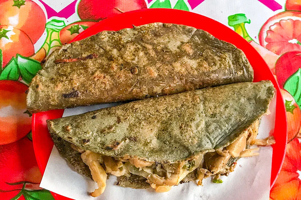 Crispy corn quesadillas folded and stuffed with fillings of meat slices and cheese served on a red plate on a colorful table with patterns of fruits