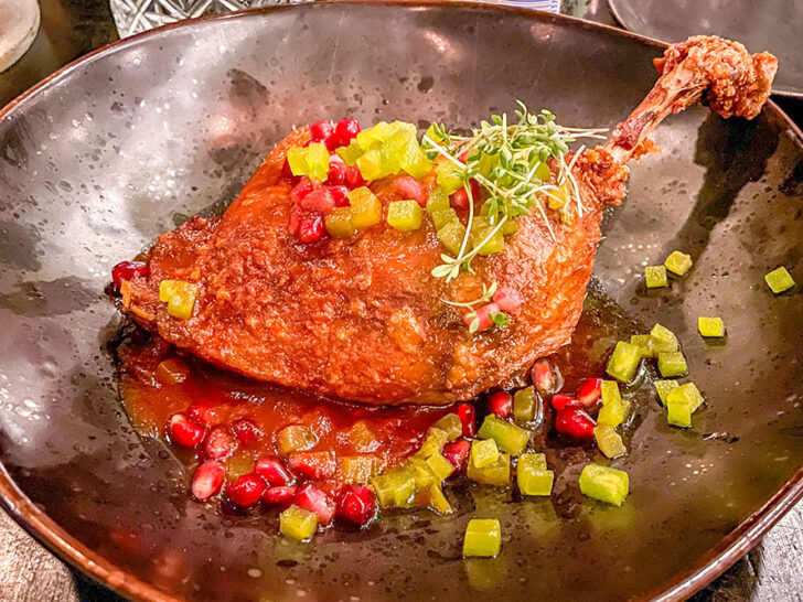 A fried leg Icelandic lamb served on top of a thick sauced topped with small cubes of tomatoes and pomegranate, one of the most fruity and meaty food in Iceland