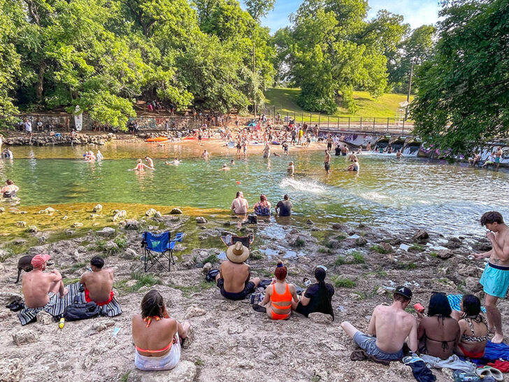 People swimming and sitting by the Barton Springs with the view of trees in the background